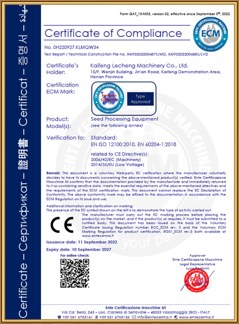 Certificado CE para equipos de procesamiento de semillas